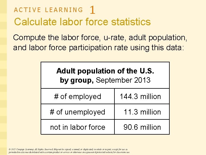 ACTIVE LEARNING 1 Calculate labor force statistics Compute the labor force, u-rate, adult population,