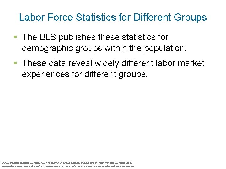 Labor Force Statistics for Different Groups § The BLS publishes these statistics for demographic