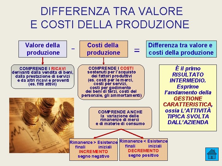 DIFFERENZA TRA VALORE E COSTI DELLA PRODUZIONE Valore della produzione - COMPRENDE I RICAVI