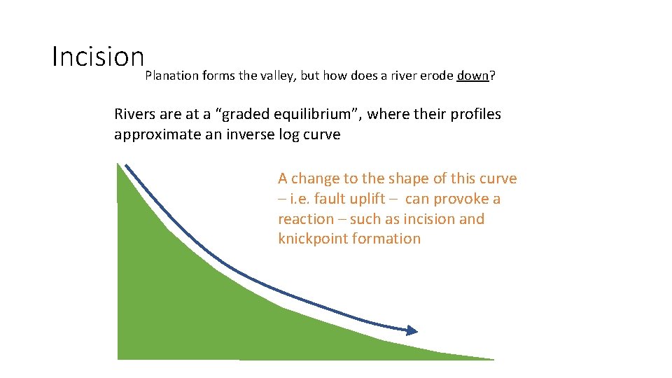 Incision. Planation forms the valley, but how does a river erode down? Rivers are