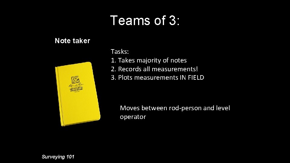 Teams of 3: Note taker Tasks: 1. Takes majority of notes 2. Records all