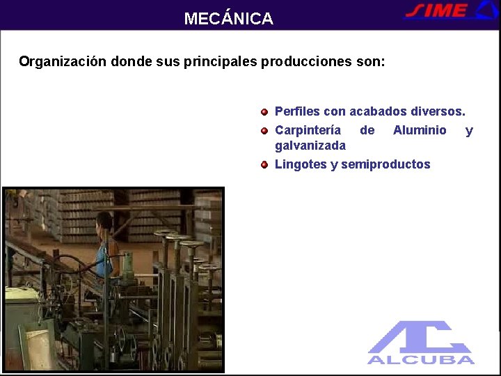 MECÁNICA Organización donde sus principales producciones son: Perfiles con acabados diversos. Carpintería galvanizada de