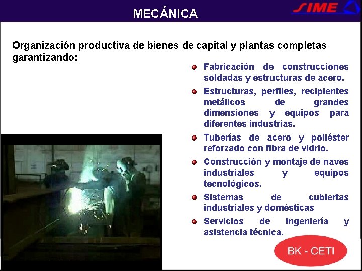 MECÁNICA Organización productiva de bienes de capital y plantas completas garantizando: Fabricación de construcciones