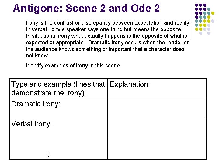 Antigone: Scene 2 and Ode 2 Irony is the contrast or discrepancy between expectation