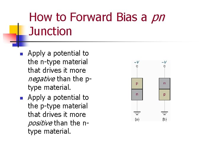 How to Forward Bias a pn Junction n n Apply a potential to the