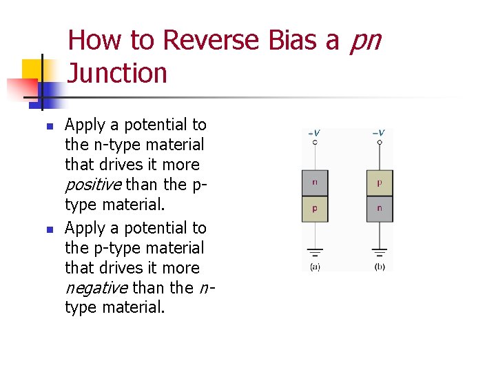 How to Reverse Bias a pn Junction n n Apply a potential to the