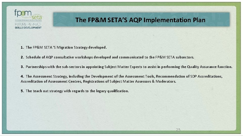 The FP&M SETA’S AQP Implementation Plan 1. The FP&M SETA ‘S Migration Strategy developed.