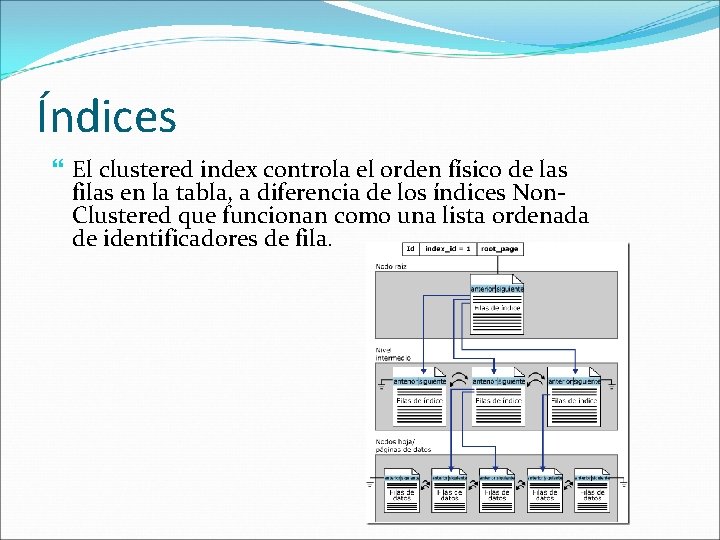 Índices El clustered index controla el orden físico de las filas en la tabla,