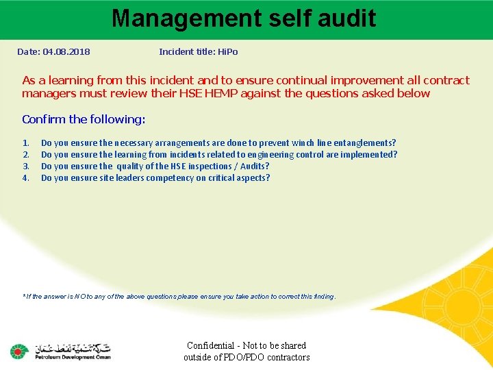 Management self audit Main contractor name – LTI# - Date of incident Date: 04.