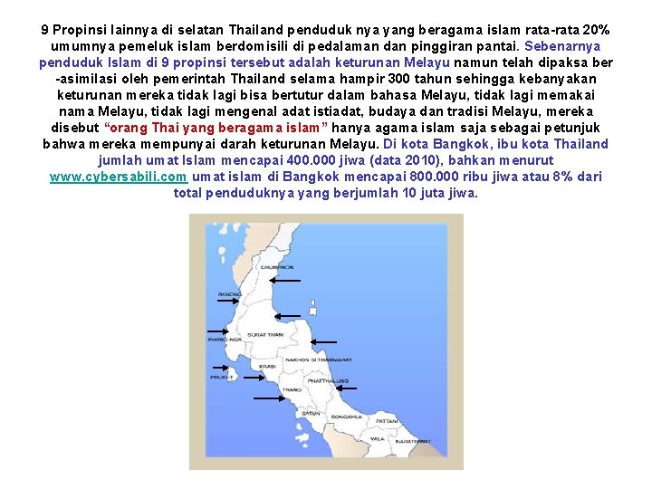 9 Propinsi lainnya di selatan Thailand penduduk nya yang beragama islam rata-rata 20% umumnya