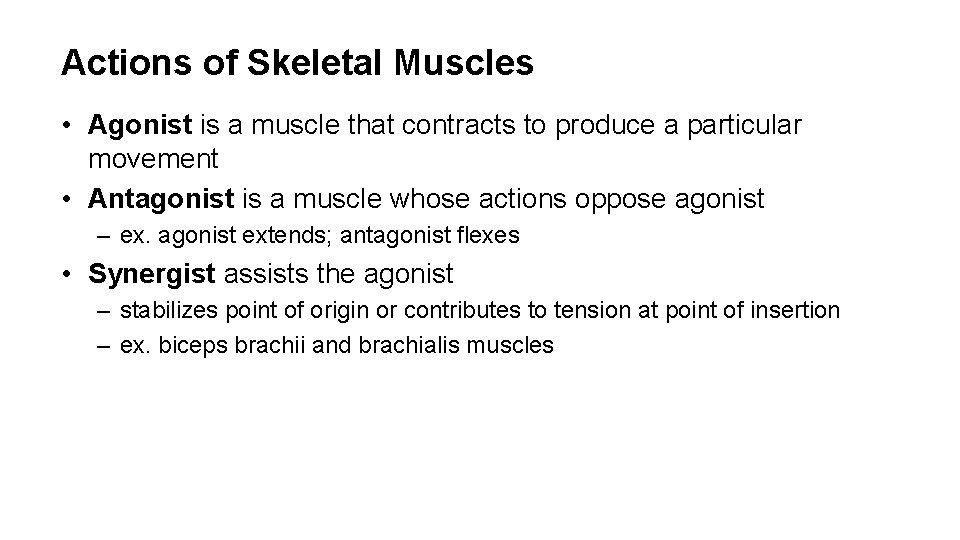 Actions of Skeletal Muscles • Agonist is a muscle that contracts to produce a