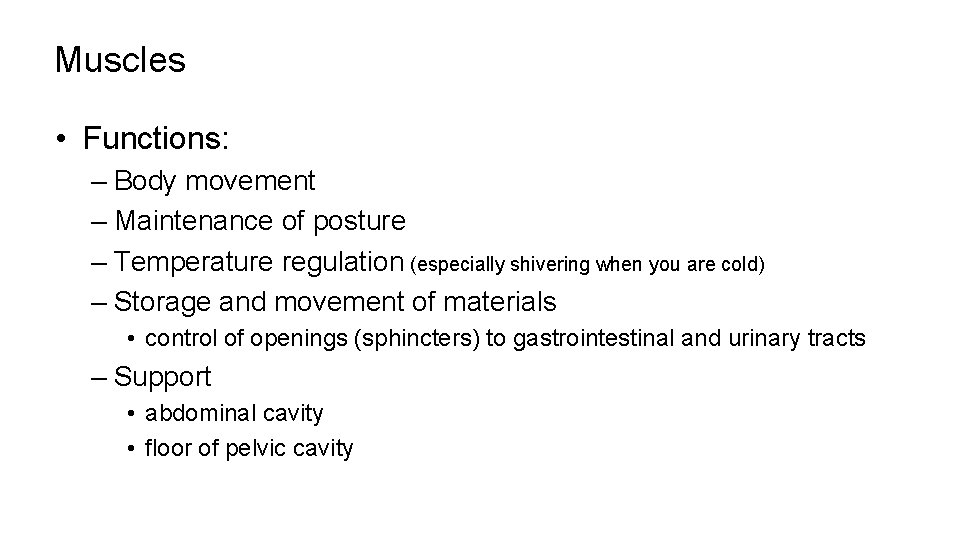 Muscles • Functions: – Body movement – Maintenance of posture – Temperature regulation (especially