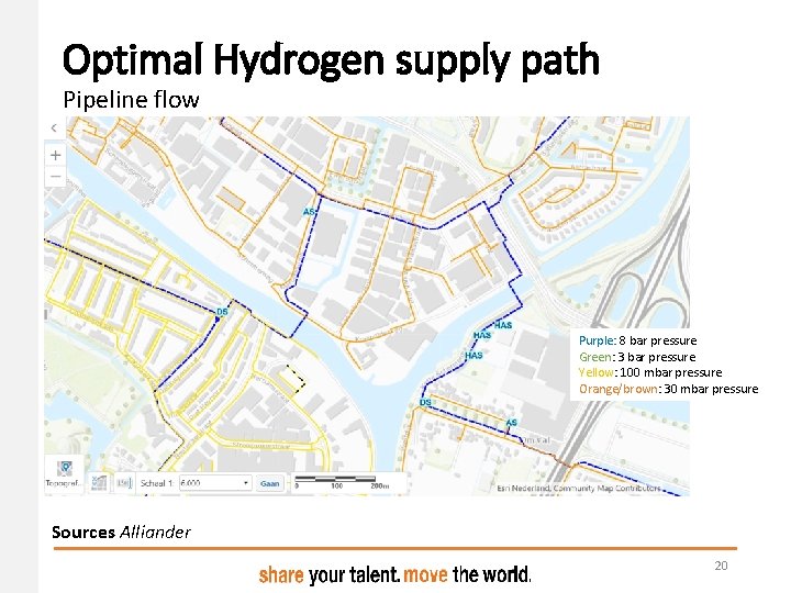 Optimal Hydrogen supply path Pipeline flow Purple: 8 bar pressure Green: 3 bar pressure Optimal Hydrogen supply path Pipeline flow Purple: 8 bar pressure Green: 3 bar pressure