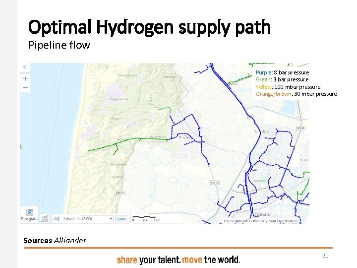 Optimal Hydrogen supply path Pipeline flow Purple: 8 bar pressure Green: 3 bar pressure Optimal Hydrogen supply path Pipeline flow Purple: 8 bar pressure Green: 3 bar pressure