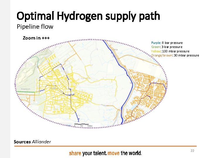Optimal Hydrogen supply path Pipeline flow Zoom in +++ Purple: 8 bar pressure Green: Optimal Hydrogen supply path Pipeline flow Zoom in +++ Purple: 8 bar pressure Green: