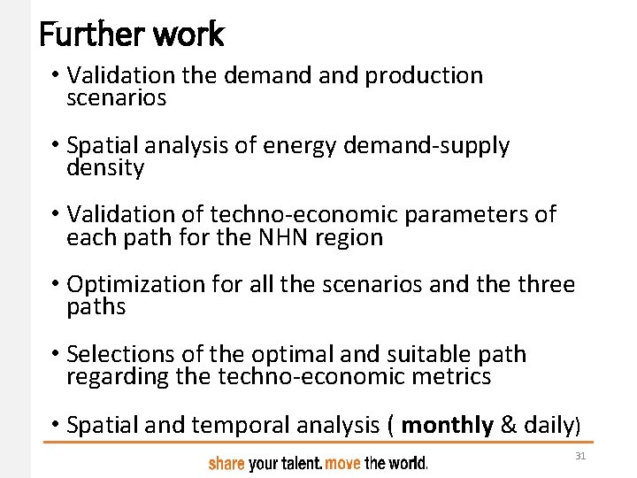 Further work • Validation the demand production scenarios • Spatial analysis of energy demand-supply Further work • Validation the demand production scenarios • Spatial analysis of energy demand-supply