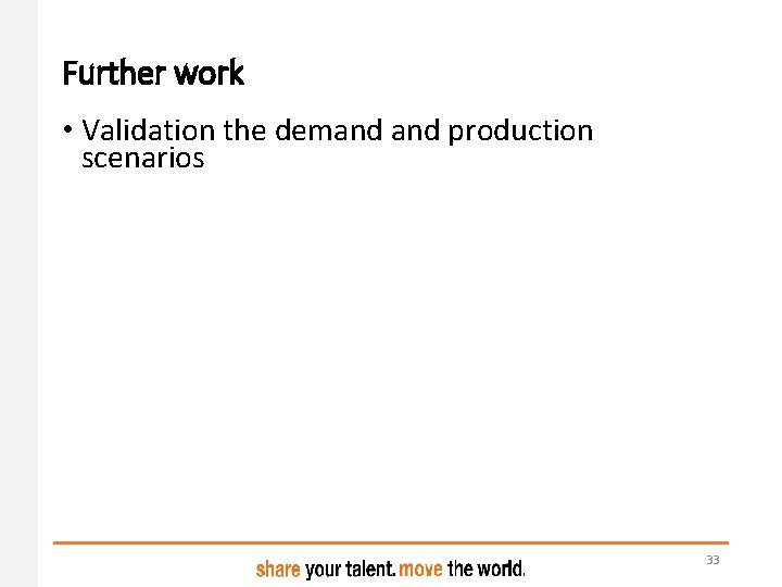 Further work • Validation the demand production scenarios • Spatial analysis of energy demand-supply Further work • Validation the demand production scenarios • Spatial analysis of energy demand-supply