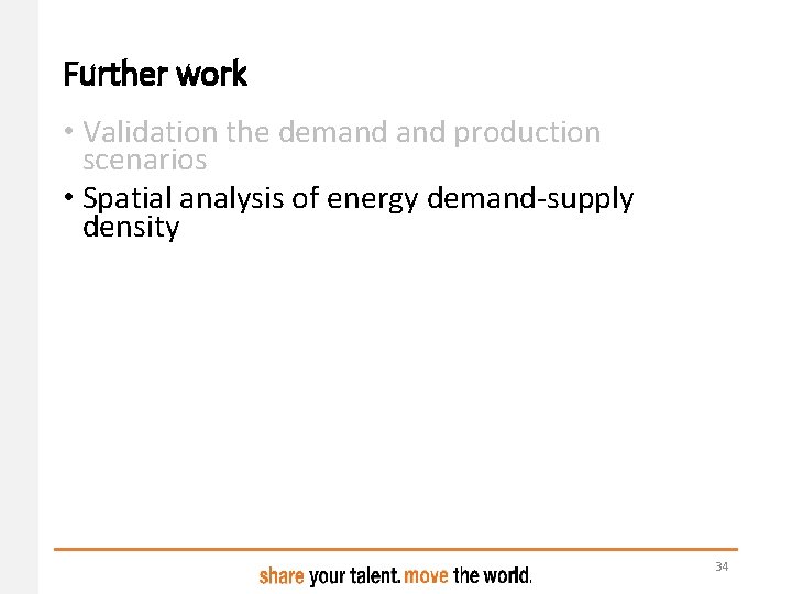 Further work • Validation the demand production scenarios • Spatial analysis of energy demand-supply Further work • Validation the demand production scenarios • Spatial analysis of energy demand-supply