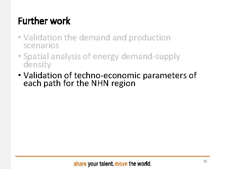 Further work • Validation the demand production scenarios • Spatial analysis of energy demand-supply Further work • Validation the demand production scenarios • Spatial analysis of energy demand-supply