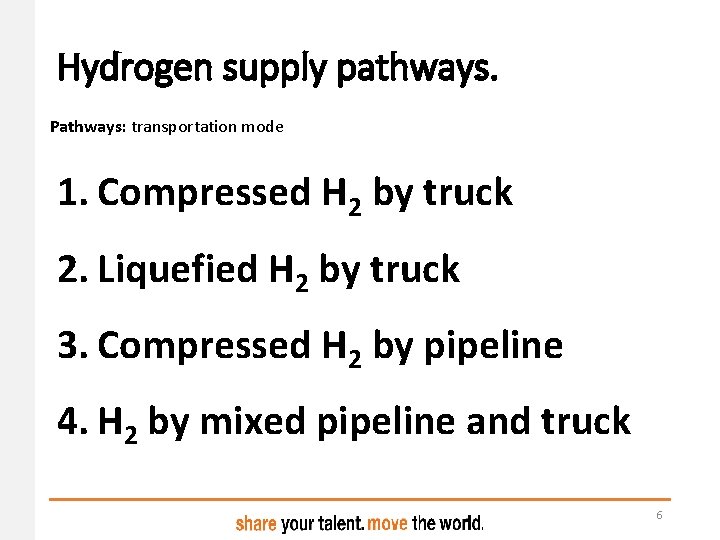 Hydrogen supply pathways. Pathways: transportation mode 1. Compressed H 2 by truck 2. Liquefied Hydrogen supply pathways. Pathways: transportation mode 1. Compressed H 2 by truck 2. Liquefied
