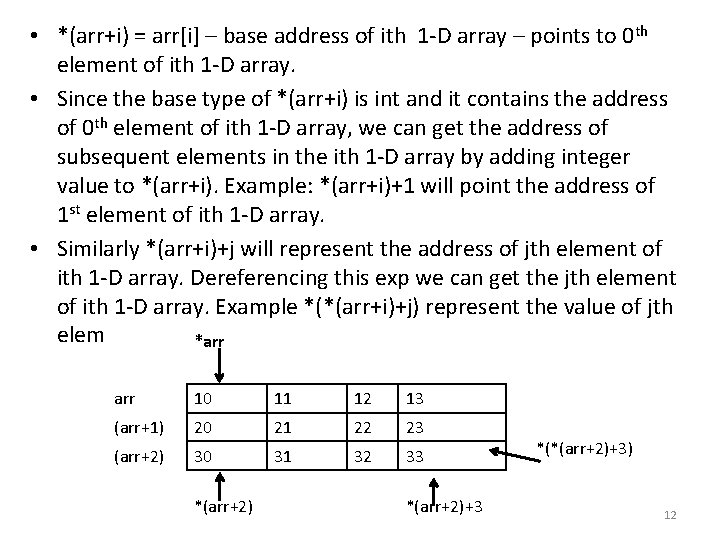  • *(arr+i) = arr[i] – base address of ith 1 -D array –