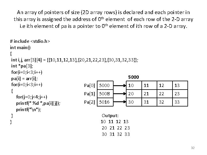 An array of pointers of size (2 D array rows) is declared and each