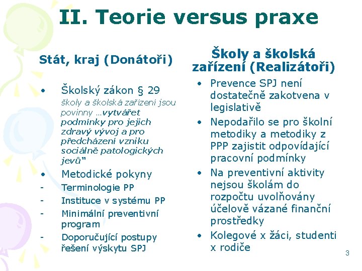 II. Teorie versus praxe Stát, kraj (Donátoři) • Školský zákon § 29 školy a