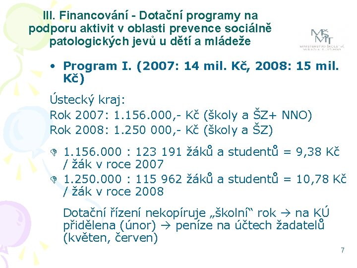 III. Financování - Dotační programy na podporu aktivit v oblasti prevence sociálně patologických jevů