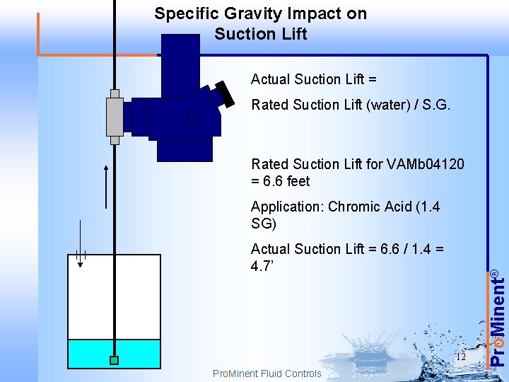 Specific Gravity Impact on Suction Lift Actual Suction Lift = Rated Suction Lift (water)