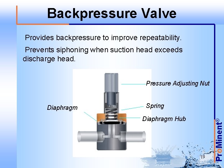 Backpressure Valve Provides backpressure to improve repeatability. Prevents siphoning when suction head exceeds discharge