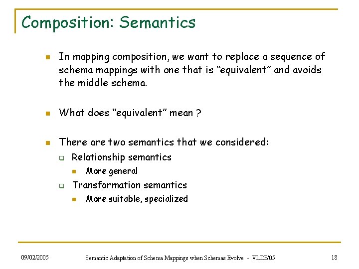 Composition: Semantics n In mapping composition, we want to replace a sequence of schema