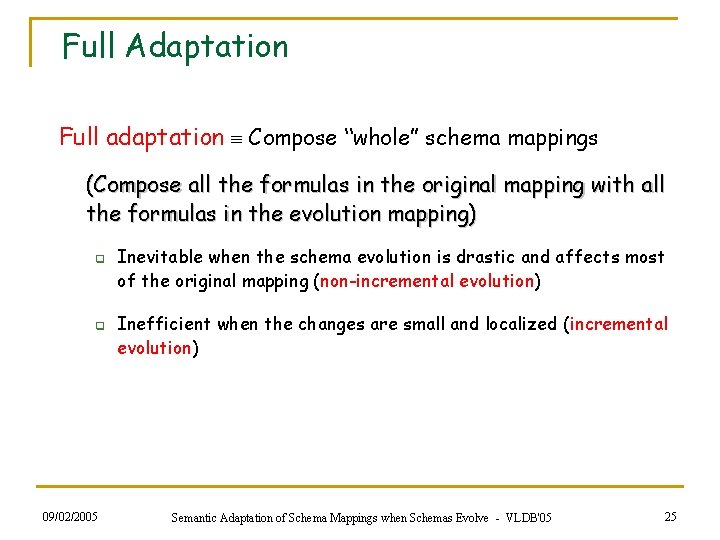 Full Adaptation Full adaptation Compose “whole” schema mappings (Compose all the formulas in the