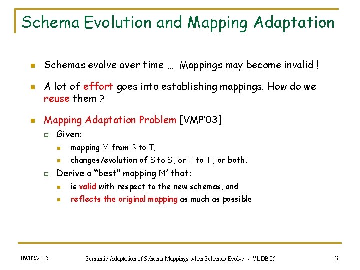 Schema Evolution and Mapping Adaptation n Schemas evolve over time … Mappings may become