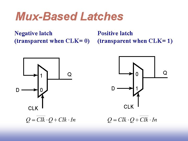 Mux-Based Latches Negative latch (transparent when CLK= 0) 1 D 0 CLK Positive latch