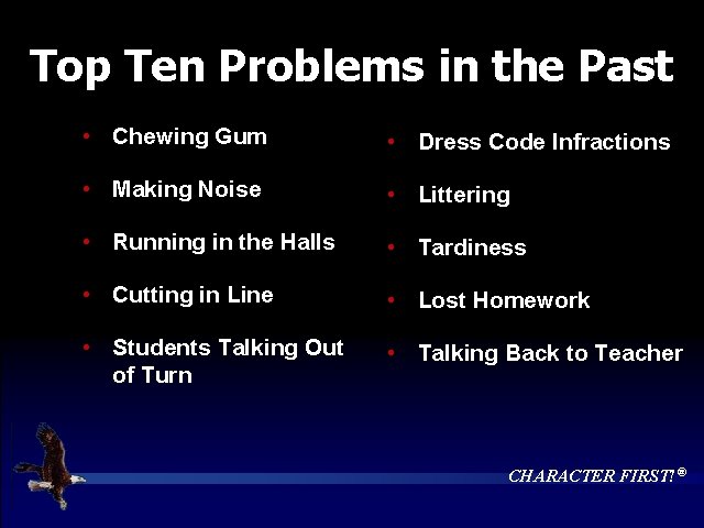 Top Ten Problems in the Past • Chewing Gum • Dress Code Infractions •