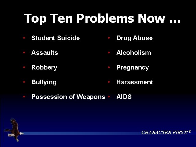 Top Ten Problems Now … • Student Suicide • Drug Abuse • Assaults •