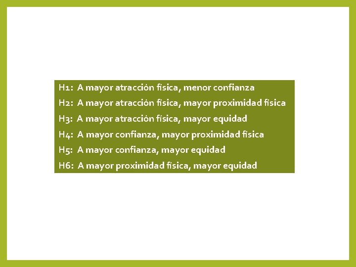 H 1: A mayor atracción física, menor confianza H 2: A mayor atracción física, H 1: A mayor atracción física, menor confianza H 2: A mayor atracción física,