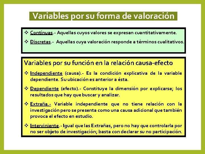 Variables por su forma de valoración Contínuas. - Aquellas cuyos valores se expresan cuantitativamente. Variables por su forma de valoración Contínuas. - Aquellas cuyos valores se expresan cuantitativamente.