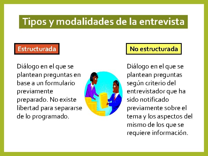 Tipos y modalidades de la entrevista Estructurada Diálogo en el que se plantean preguntas Tipos y modalidades de la entrevista Estructurada Diálogo en el que se plantean preguntas