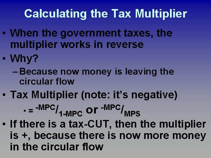 Calculating the Tax Multiplier • When the government taxes, the multiplier works in reverse Calculating the Tax Multiplier • When the government taxes, the multiplier works in reverse