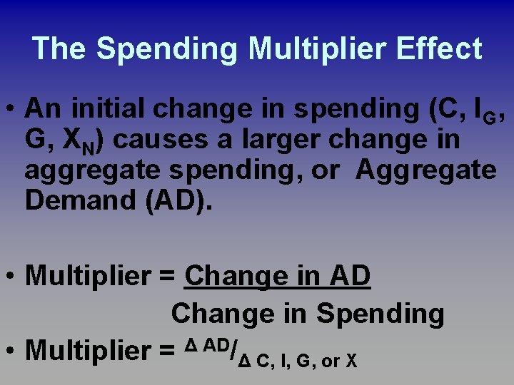 The Spending Multiplier Effect • An initial change in spending (C, IG, G, XN) The Spending Multiplier Effect • An initial change in spending (C, IG, G, XN)