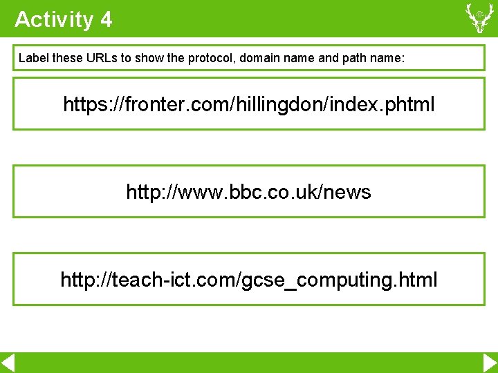Activity 4 Label these URLs to show the protocol, domain name and path name: Activity 4 Label these URLs to show the protocol, domain name and path name: