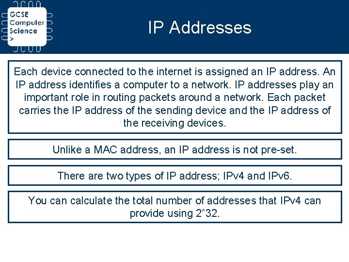 IP Addresses Each device connected to the internet is assigned an IP address. An IP Addresses Each device connected to the internet is assigned an IP address. An
