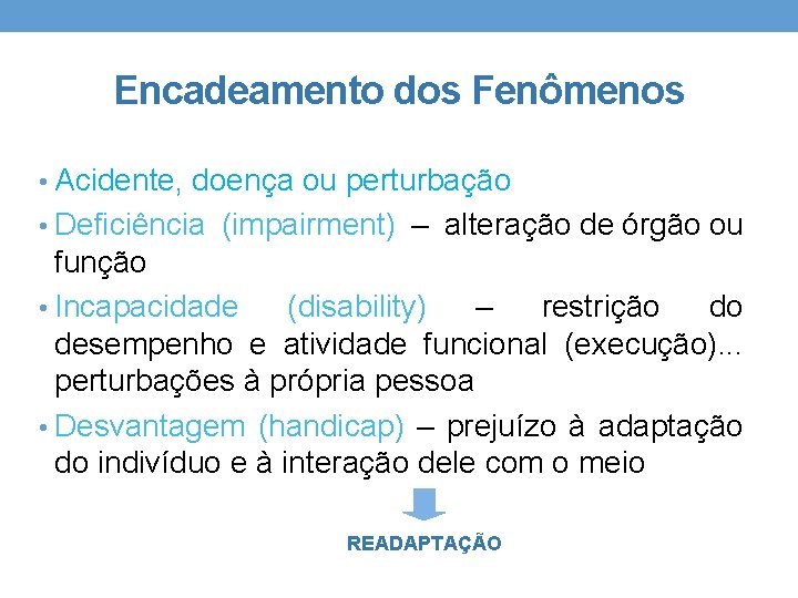 Encadeamento dos Fenômenos • Acidente, doença ou perturbação • Deficiência (impairment) – alteração de