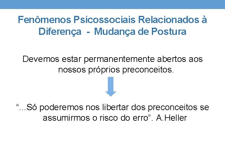 Fenômenos Psicossociais Relacionados à Diferença - Mudança de Postura Devemos estar permanentemente abertos aos