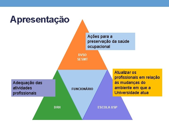 Apresentação Ações para a preservação da saúde ocupacional DVSO SESMT Adequação das atividades profissionais