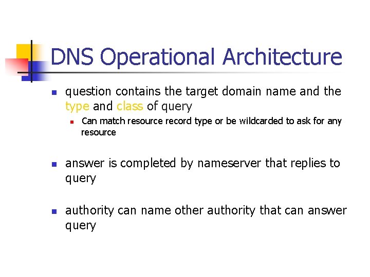 DNS Operational Architecture n question contains the target domain name and the type and