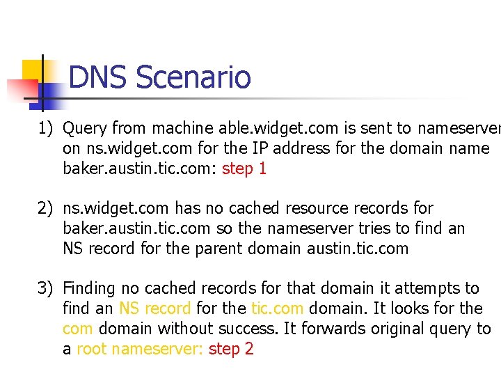 DNS Scenario 1) Query from machine able. widget. com is sent to nameserver on