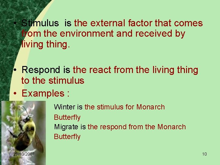  • Stimulus is the external factor that comes from the environment and received