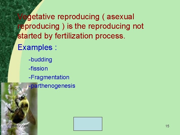 Vegetative reproducing ( asexual reproducing ) is the reproducing not started by fertilization process.